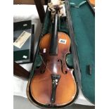 An old violin in wooden case (needs repair) made in Czechoslovakia mother of pearl