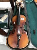 An old violin in wooden case (needs repair) made in Czechoslovakia mother of pearl