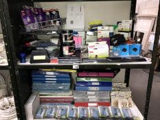2 shelves of new office items including files, hole punches, rubbers, rulers, display stands,