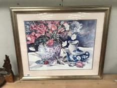 A framed and glazed still life study signed Sally Bustman