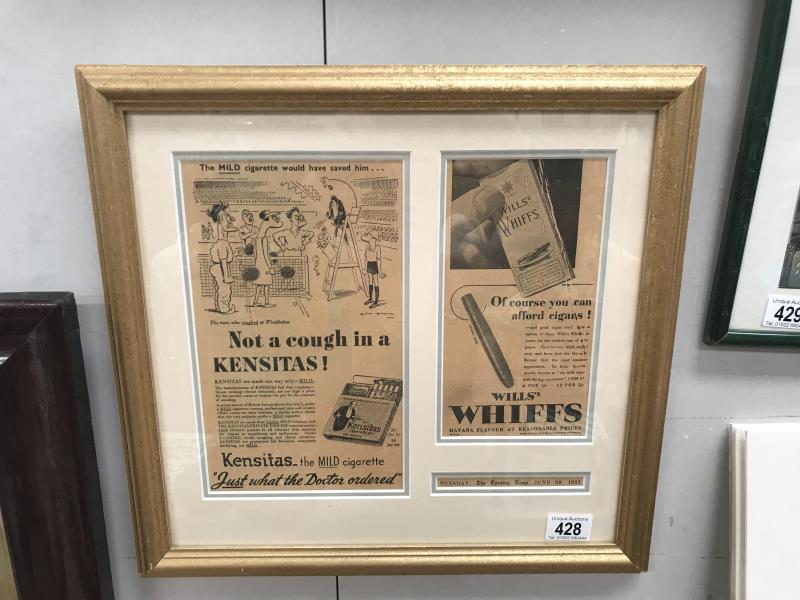 Framed and glazed prints of vintage tobacco adverts for Kensitas & Wills Whiffs