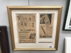 Framed and glazed prints of vintage tobacco adverts for Kensitas & Wills Whiffs