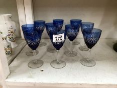 10 blue cut glass wine glasses