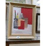 A 20th century British school acrylic on board artists studio still life, signed monogram MM?,