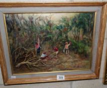 A Doris Coombs 20th century framed oil on board painting of an afternoon in the forest with