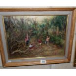 A Doris Coombs 20th century framed oil on board painting of an afternoon in the forest with