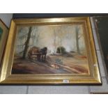 A 20th century framed oil on canvas British school painting of Gypsy encampment in the woods,