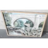A framed and glazed watercolour of rural scene with bridge and swimmers.