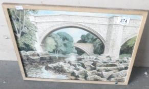 A framed and glazed watercolour of rural scene with bridge and swimmers.