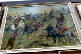 An oil on board painting of an American battle scene.