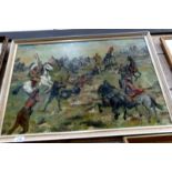 An oil on board painting of an American battle scene.