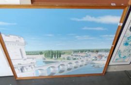 A large oil painting of a continental scene with bridge over river signed N Broughton.