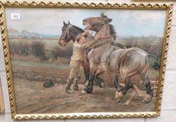 A gilt framed lithograph of boy with horses.