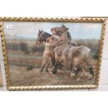 A gilt framed lithograph of boy with horses.