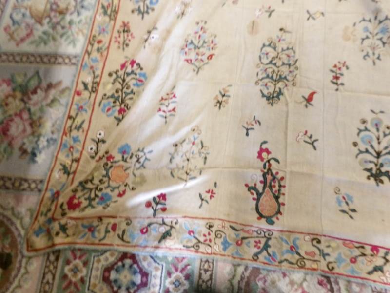 An antique embroidered bed cover, 230 x 160 cm (badly stained). - Image 3 of 7