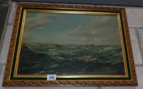 A J Doria 20th century framed British oil on board painting of a steam ship crossing the channel.