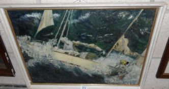 A Mary Kemp 20th century oil on board marine painting of a yacht in rough seas, signed.