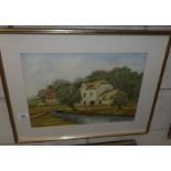 A George Beresford 20th century watercolour rural/pastoral landscape featuring river and sheep,