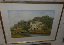 A George Beresford 20th century watercolour rural/pastoral landscape featuring river and sheep,