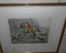 A framed and glazed limited edition print of hunter with dogs, 93/150.