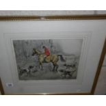 A framed and glazed limited edition print of hunter with dogs, 93/150.