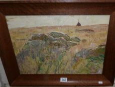 An oak framed oil on board rural scene featuring boulders signed K.