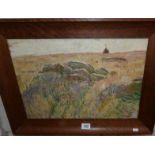 An oak framed oil on board rural scene featuring boulders signed K.