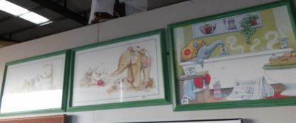 A set of 3 framed and glazed nursery prints.