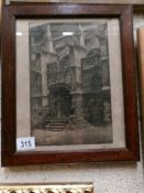 A 19th century framed and glazed engraving of a Gothic style building, signed but indistinct.