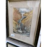 A framed and glazed watercolour of a waterfall.