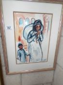 A framed and glazed primitive watercolour signed Direlta Rangani Machiavello, Siria 92.