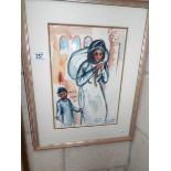 A framed and glazed primitive watercolour signed Direlta Rangani Machiavello, Siria 92.