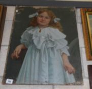 An unframed portrait of a young girl on canvas, a/f.