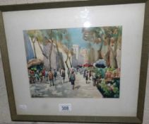 A watercolour street scene signed B Olytiro, labels verso 'Rambla De Las Flores, Madrid,