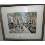 A watercolour street scene signed B Olytiro, labels verso 'Rambla De Las Flores, Madrid,