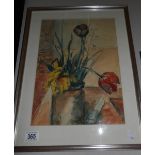 A framed and glazed 20th century watercolour of tulips.