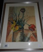 A framed and glazed 20th century watercolour of tulips.