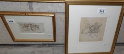 A framed and glazed drawing of clowns and one other.