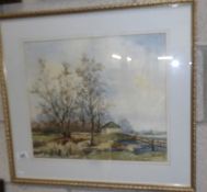 A John D Brownlow 20th century framed and glazed watercolour rural scene featuring church spire in