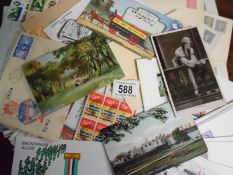 A box of FDC's 1940's onwards, old postcards,