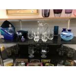 Two shelves of mixed glassware including: water jug set, art glass,