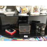 A pair of vintage, jockey club, binoculars with case, a boxed pair of pocket binoculars,