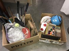 A quantity of sports games including tennis rackets, footballs, pool balls etc.