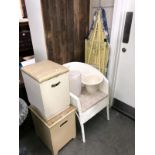A loom chair, 2 bathroom stool/boxes, ironing board etc.