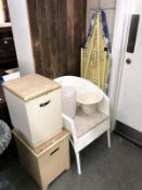 A loom chair, 2 bathroom stool/boxes, ironing board etc.