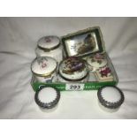 A tray of old pill boxes and a hand painted pin tray