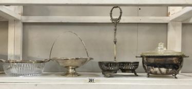 A silver plate basket and a hors d'ovre dish etc.