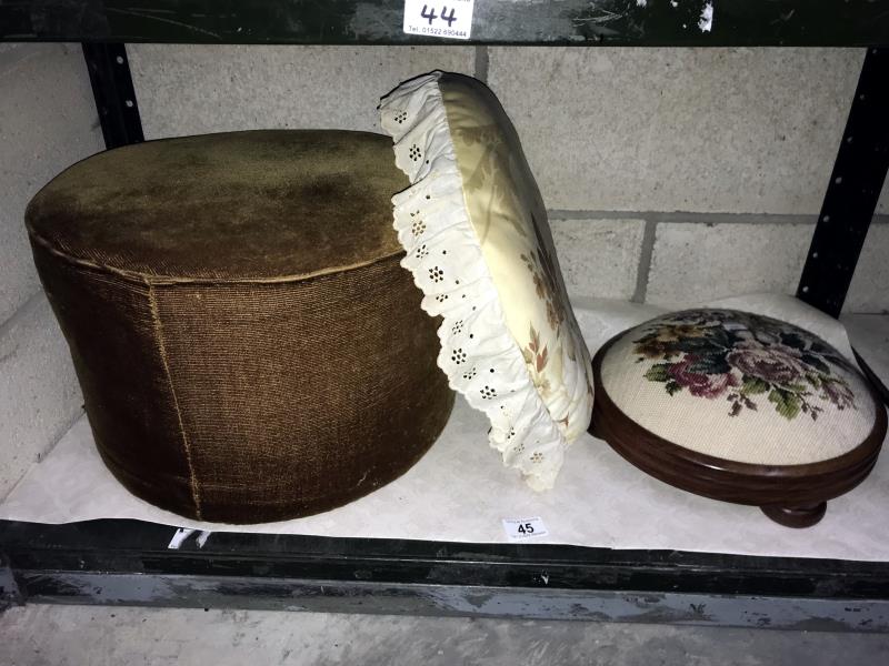 A vintage draylon pouffe and tapestry footstool etc.