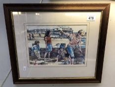 A framed and glazed water colour of children on the beach, signed 'Autumn' Watson.