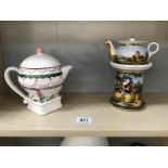 A painted porcelain teapot on a stand and a collectors teapot.